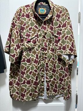 Amigo Short-Sleeve Camo Button-Down Shirt - Olive/Burgundy/Tan